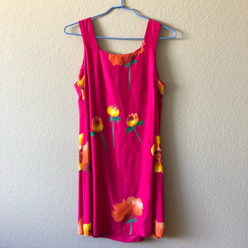 Vintage Magenta Fuchsia Pink Floral Square Neck Tank Dress - Picture 2 of 10
